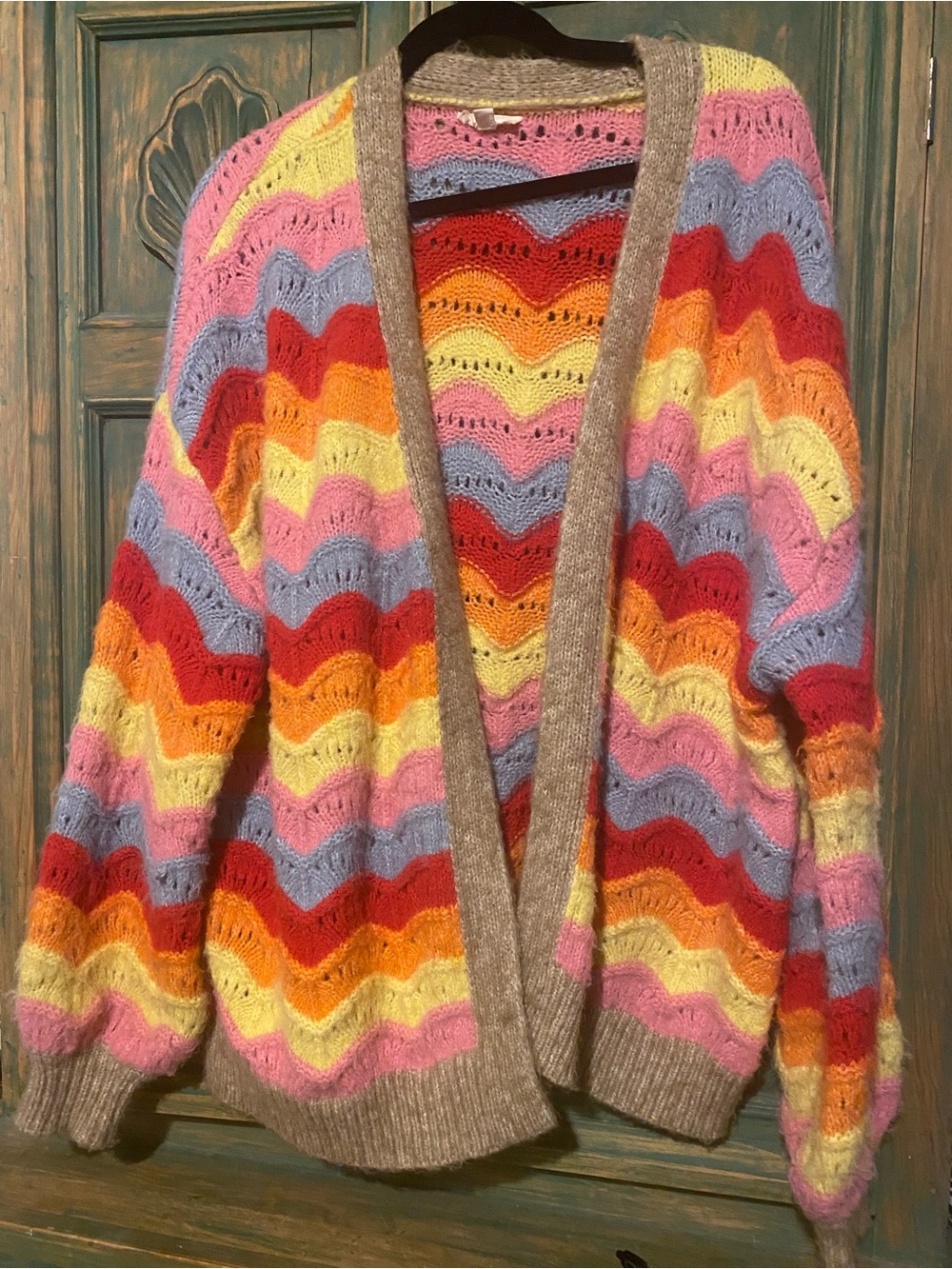 eesome Multicolor Wave Open Knit Cardigan - Pink Red Orange Yellow Blue